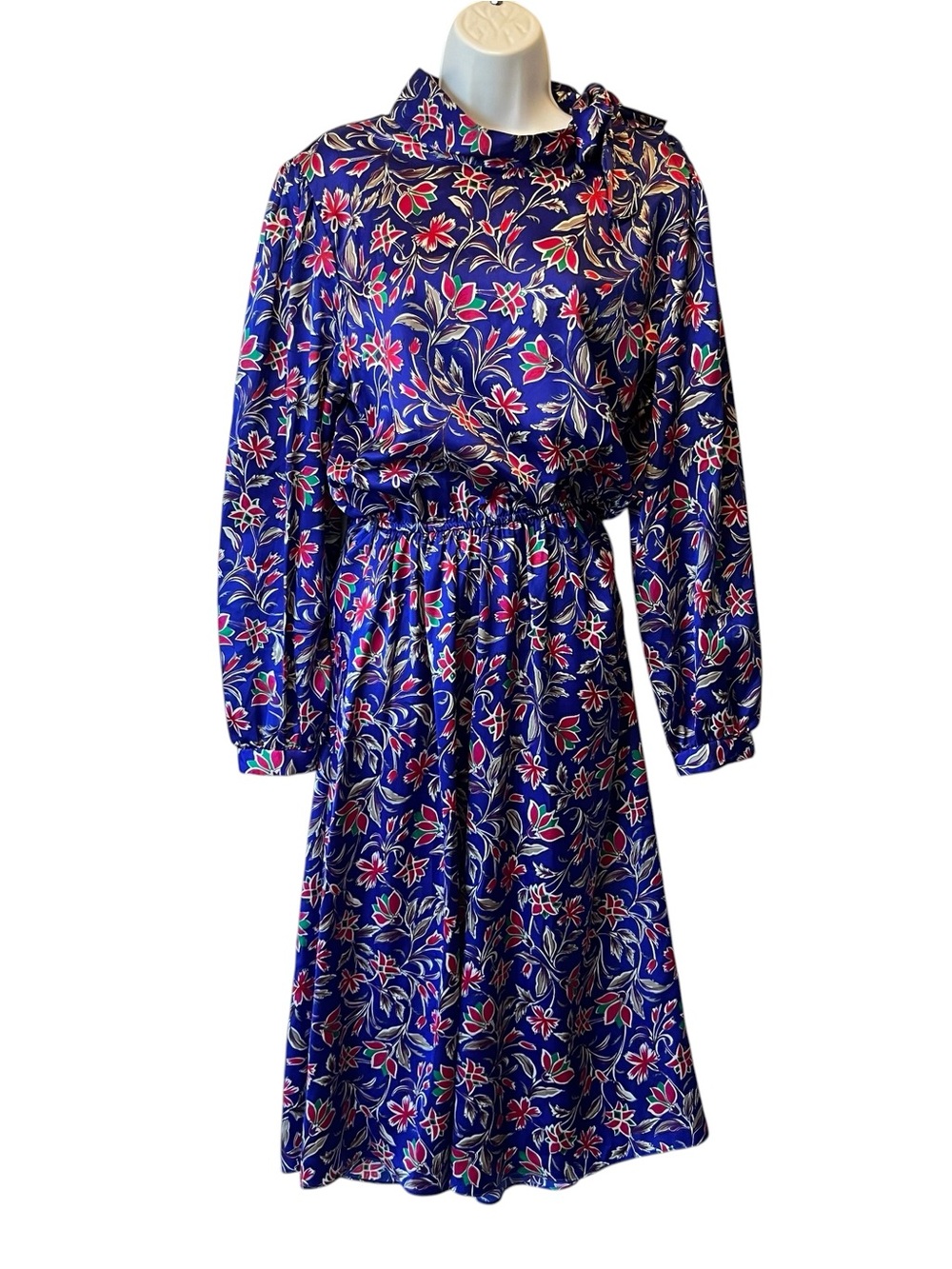 Jonathan Martin Vintage 80s midi dress 11 12 Blue floral Satin High neck Womens